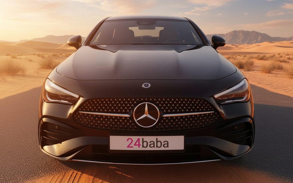 Mercedes Cle200 2024 Black front view with headlights – rental in Dubai