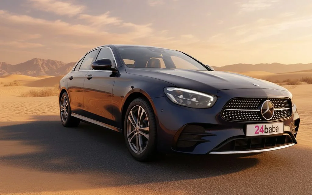 Mercedes E350 2021 Blue front view with headlights – rental in Dubai