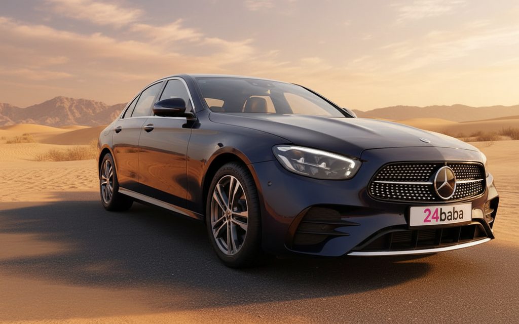 Mercedes E350 2021 Blue front view with headlights – rental in Dubai