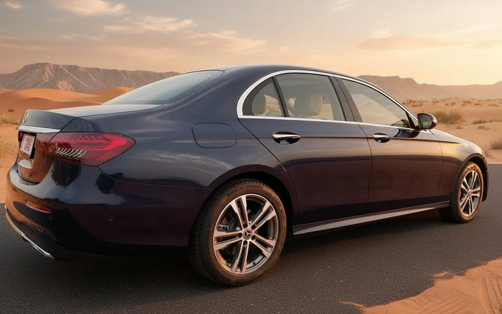 Mercedes E350 2021 Blue side profile – rental in Dubai