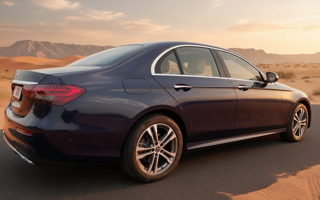 Mercedes E350 2021 Blue side profile – rental in Dubai