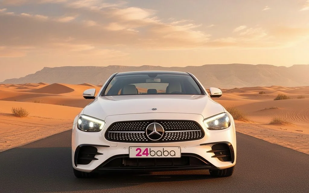 Mercedes E350 2022 White front view with headlights – rental in Dubai