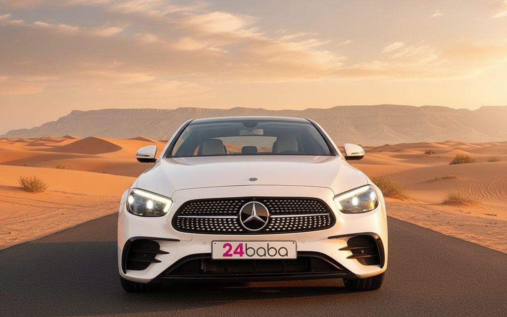 Mercedes E350 2022 White front view with headlights – rental in Dubai