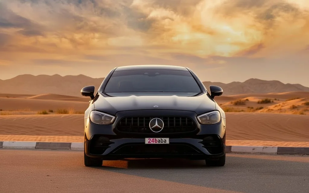 Mercedes E53 2021 Black front view with headlights – rental in Dubai