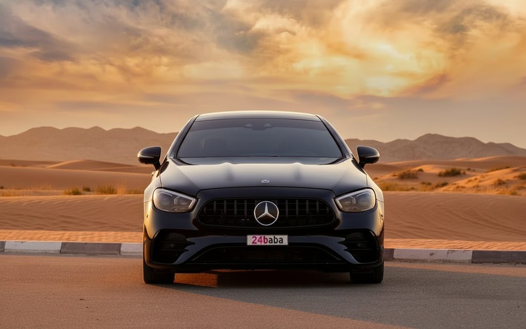 Mercedes E53 2021 Black front view with headlights – rental in Dubai