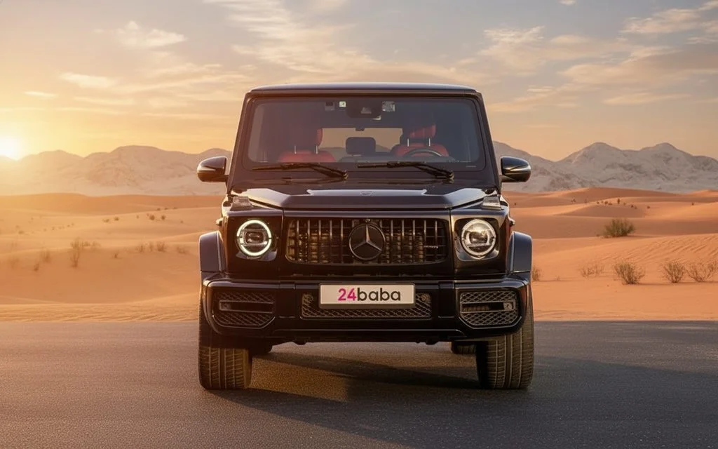 Mercedes G63 2021 Black front view with headlights – rental in Dubai