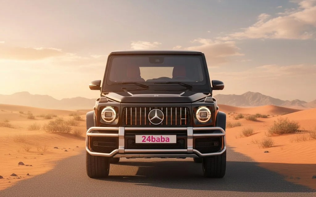 Mercedes G63 2022 Black front view with headlights – rental in Dubai