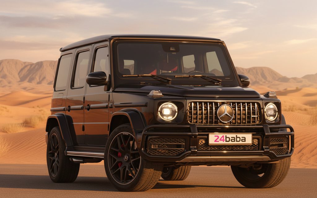 Mercedes G63 2022 Black front view with headlights – rental in Dubai