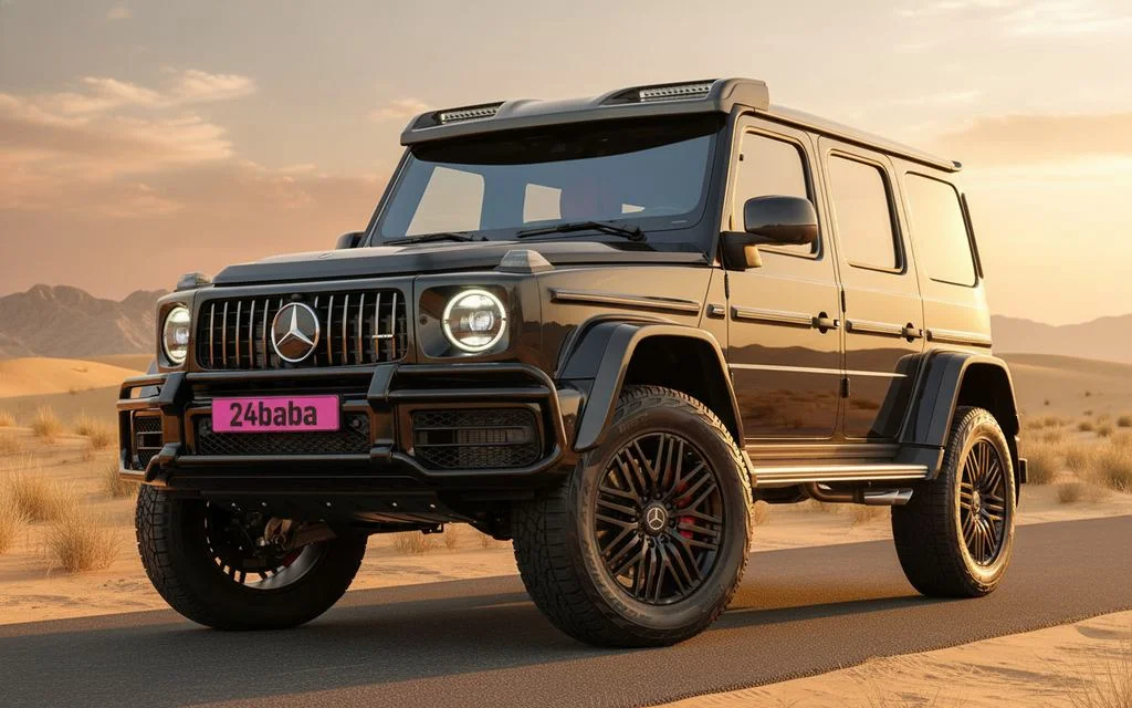Mercedes G63 2022 Black front view with headlights – rental in Dubai