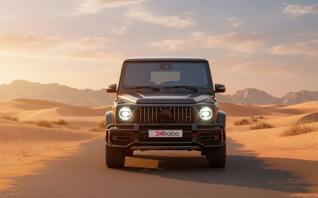Mercedes G63 2023 Black front view with headlights – rental in Dubai