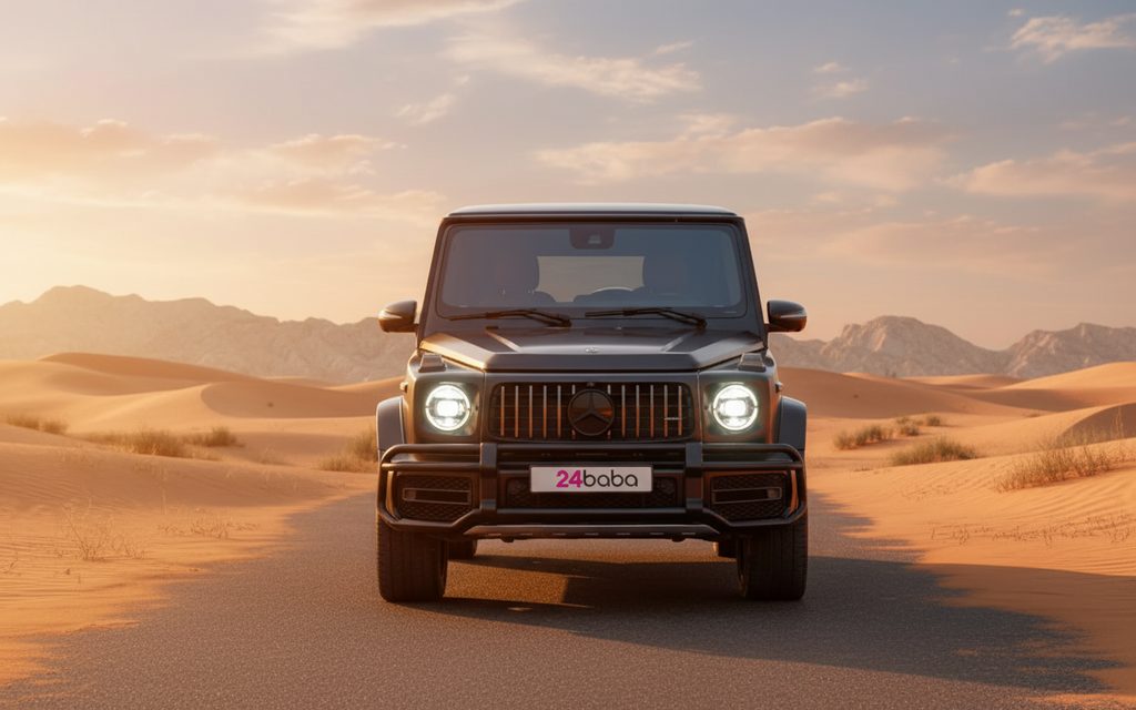 Mercedes G63 2023 Black front view with headlights – rental in Dubai