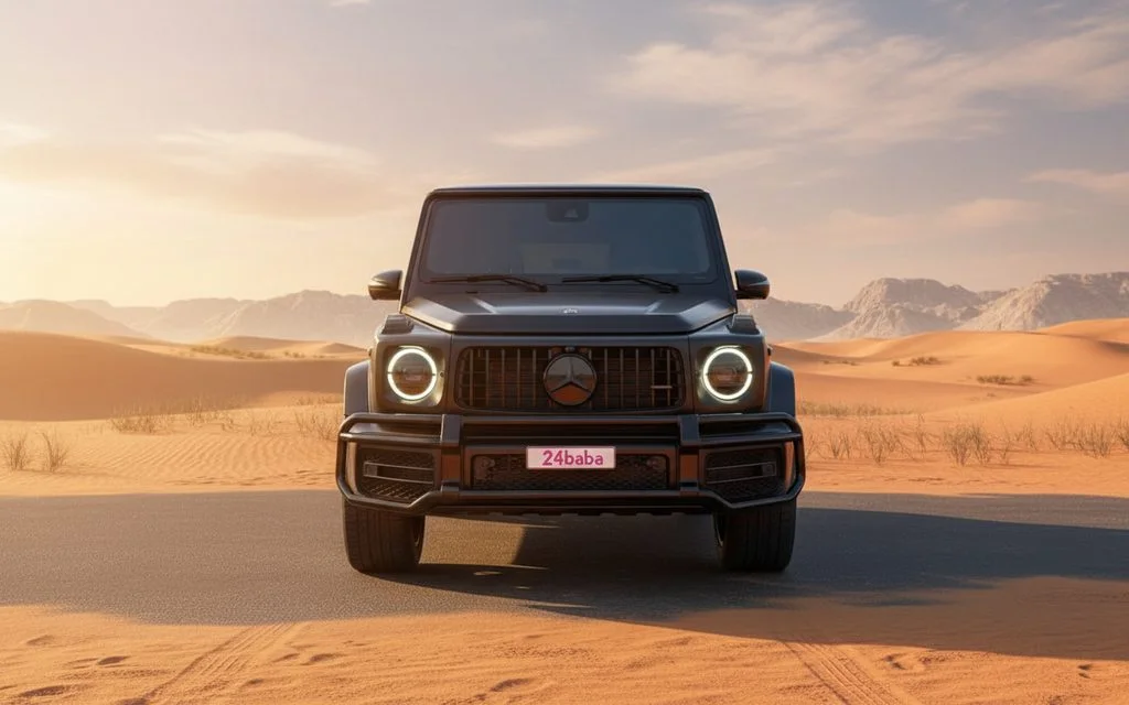 Mercedes G63 2024 Black front view with headlights – rental in Dubai