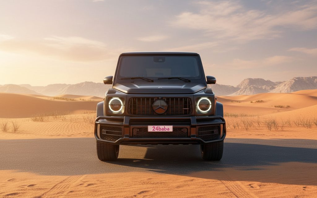 Mercedes G63 2024 Black front view with headlights – rental in Dubai