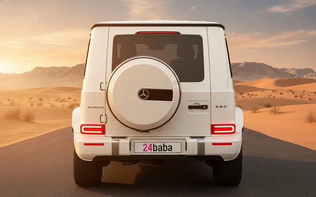 Mercedes G63 2021 White rear view showing taillights – rental in Dubai