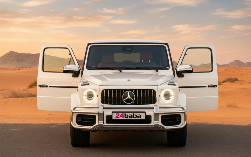 Mercedes G63 2021 White front view with headlights – rental in Dubai