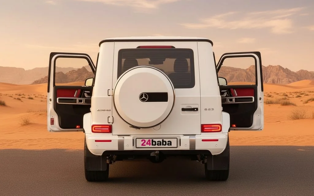 Mercedes G63 2021 White rear view showing taillights – rental in Dubai
