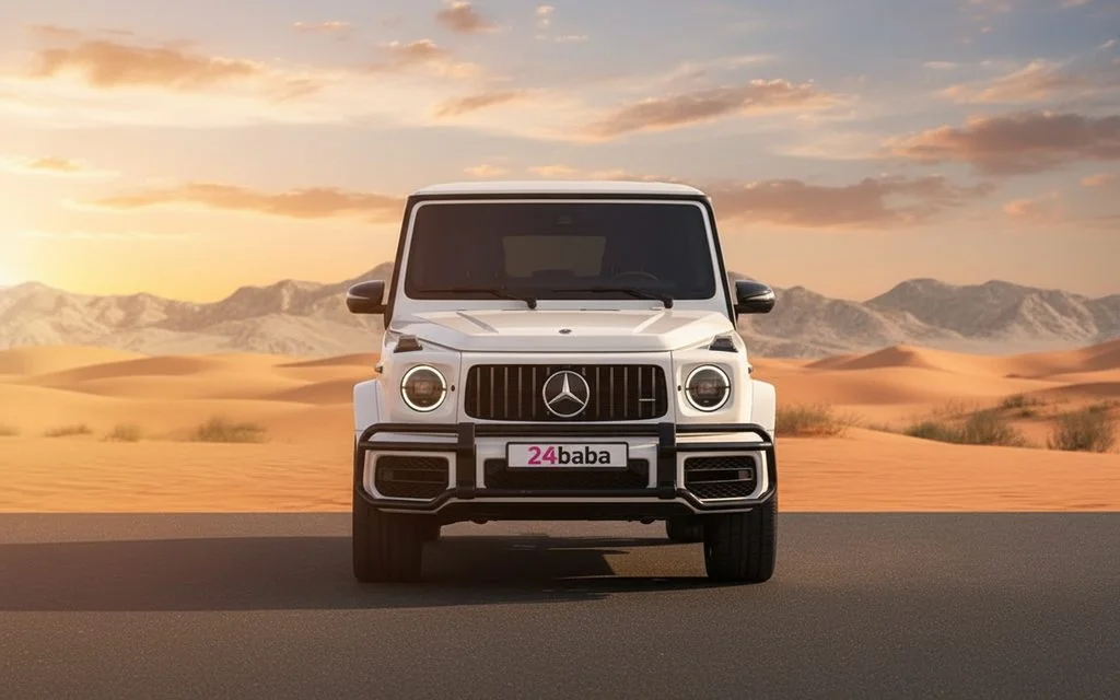 Mercedes G63 2022 White front view with headlights – rental in Dubai