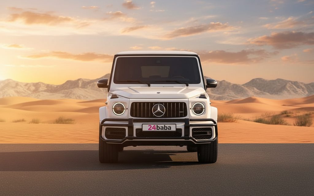 Mercedes G63 2022 White front view with headlights – rental in Dubai