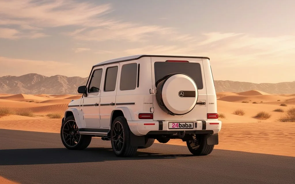 Mercedes G63 2022 White rear view showing taillights – rental in Dubai