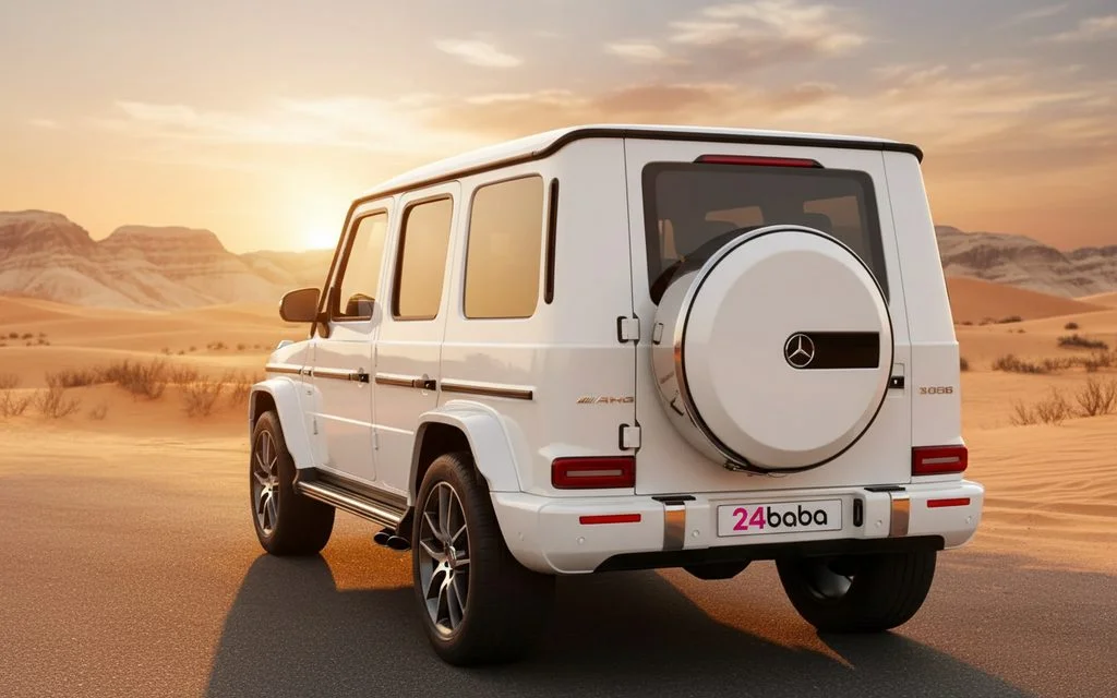 Mercedes G63 2023 White rear view showing taillights – rental in Dubai