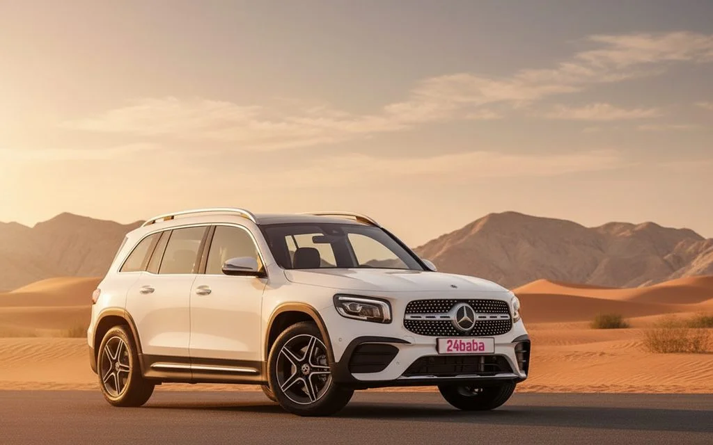 Mercedes Glb250 2022 White front view with headlights – rental in Dubai