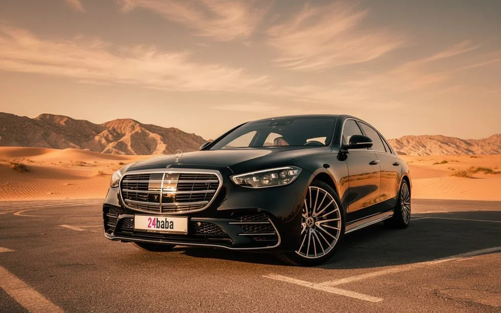 Mercedes S500 2022 Black front view with headlights – rental in Dubai