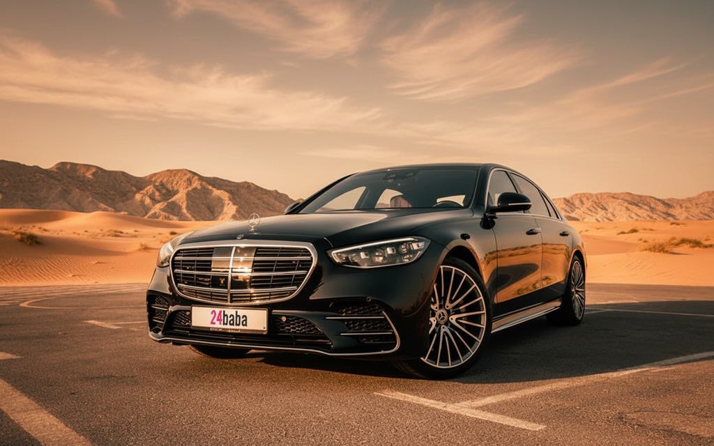 Mercedes S500 2022 Black front view with headlights – rental in Dubai