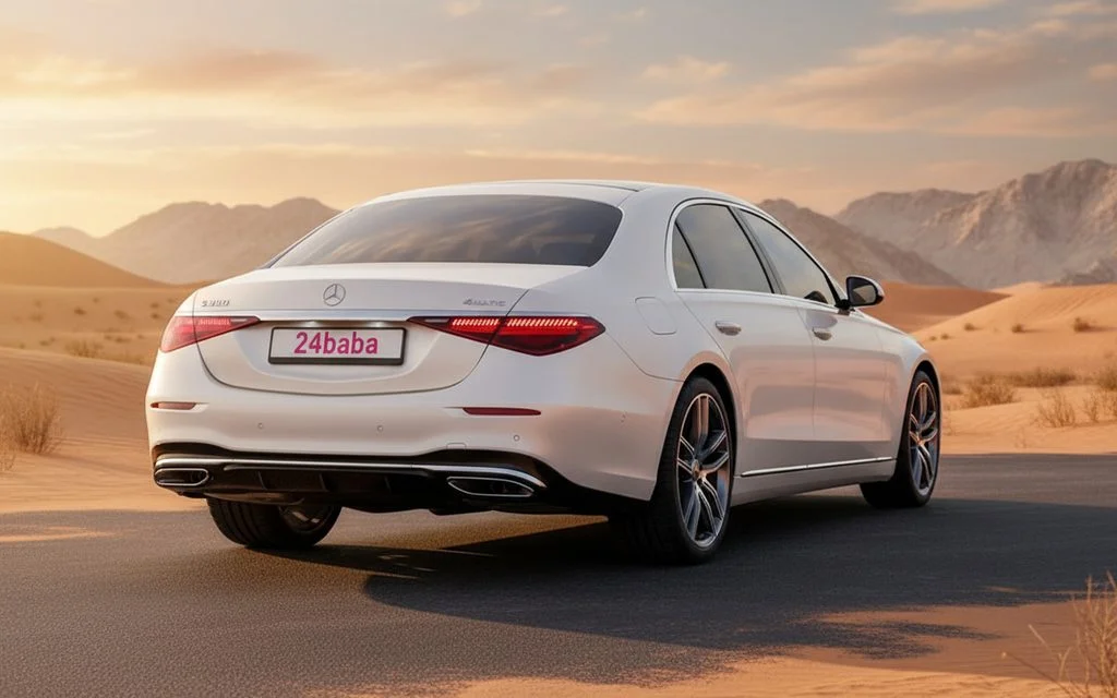Mercedes S580 2024 White rear view showing taillights – rental in Dubai
