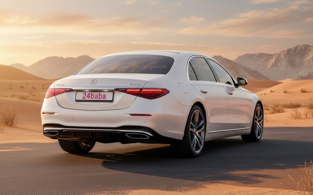 Mercedes S580 2024 White rear view showing taillights – rental in Dubai
