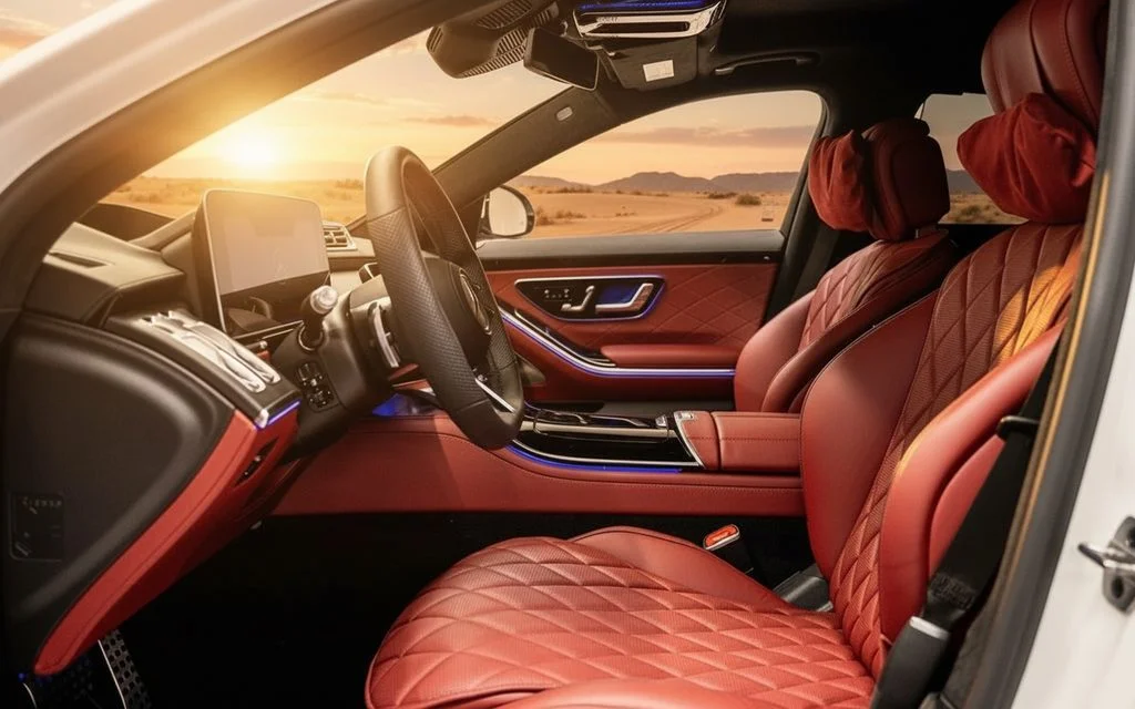 Mercedes S580 2024 interior view showing trim – rental in Dubai