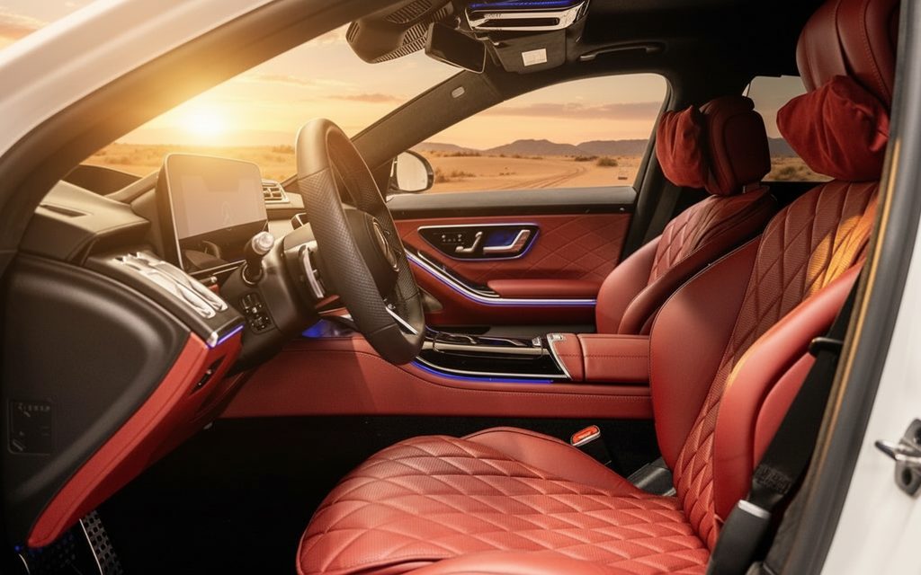 Mercedes S580 2024 interior view showing trim – rental in Dubai