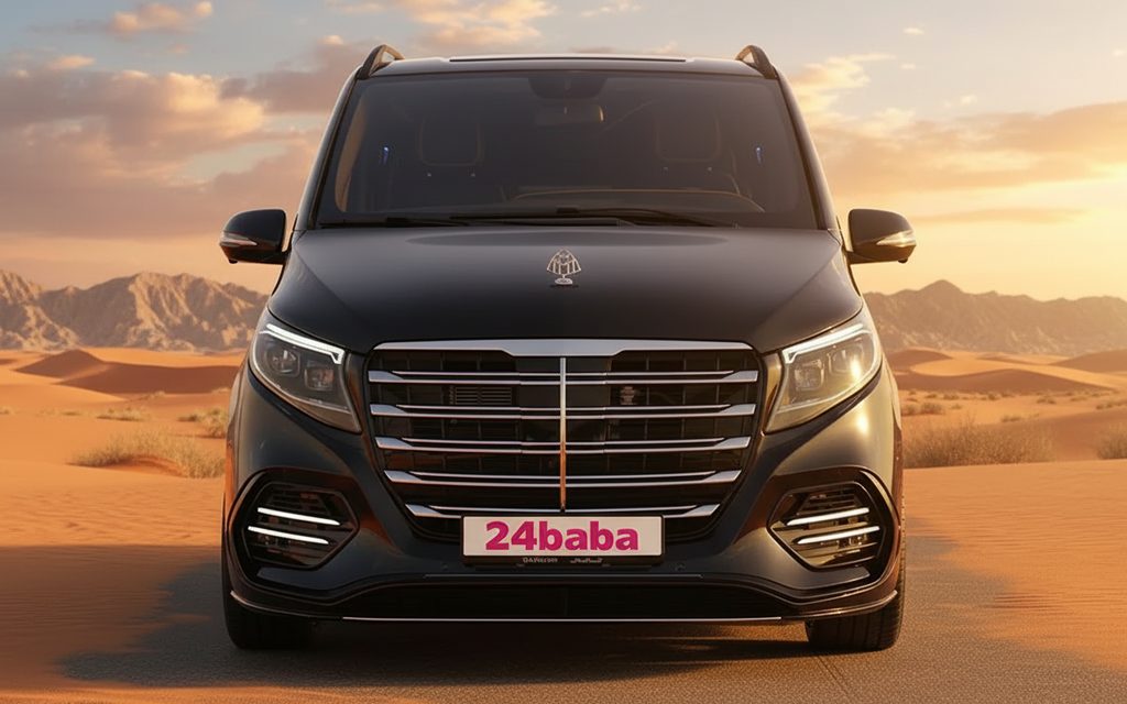 Mercedes V Class 2023 Black front view with headlights – rental in Dubai