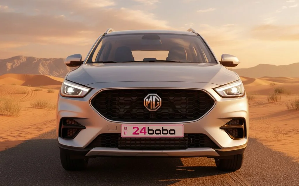 Mg Zs 2023 Silver front view with headlights – rental in Dubai