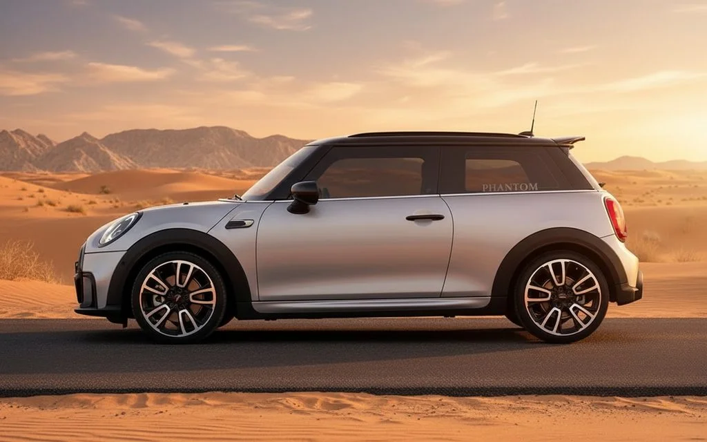 Mini Cooper 2024 Silver side profile – rental in Dubai