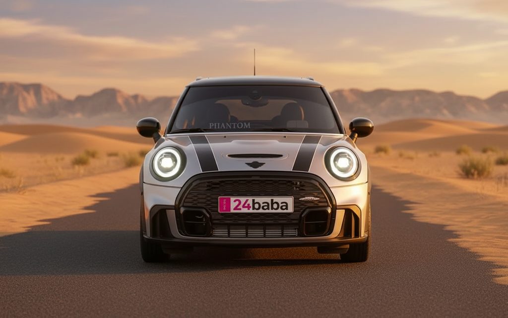 Mini Cooper 2024 Silver front view with headlights – rental in Dubai
