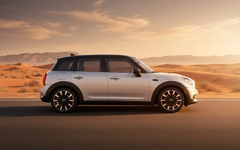 Mini Cooper 2025 Silver side profile – rental in Dubai
