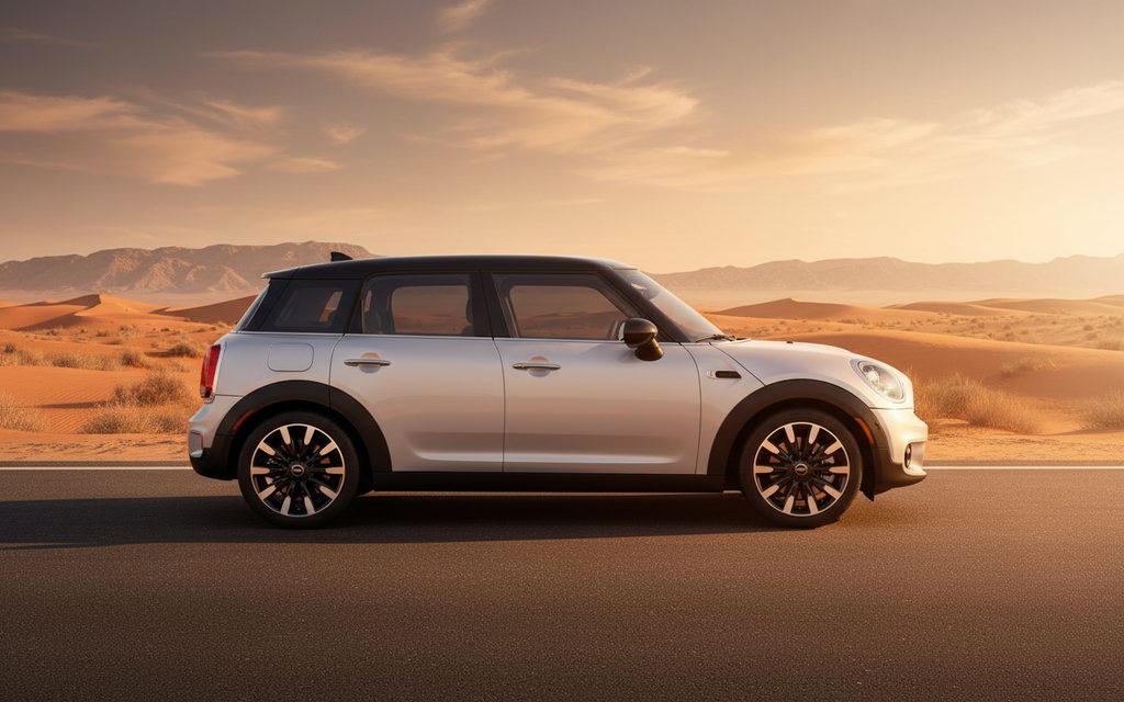 Mini Cooper 2025 Silver side profile – rental in Dubai