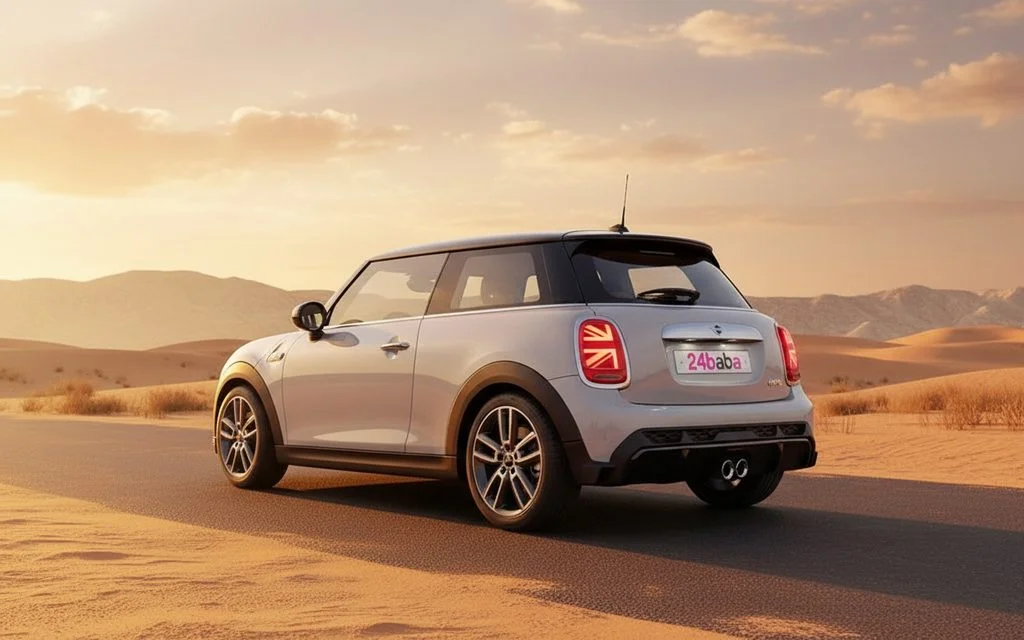 Mini Cooper 2025 Silver rear view showing taillights – rental in Dubai