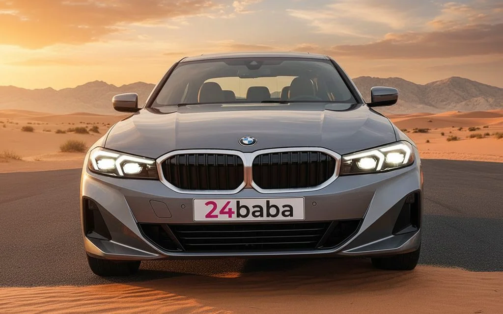 Bmw 330 2024 Grey front view with headlights – rental in Dubai