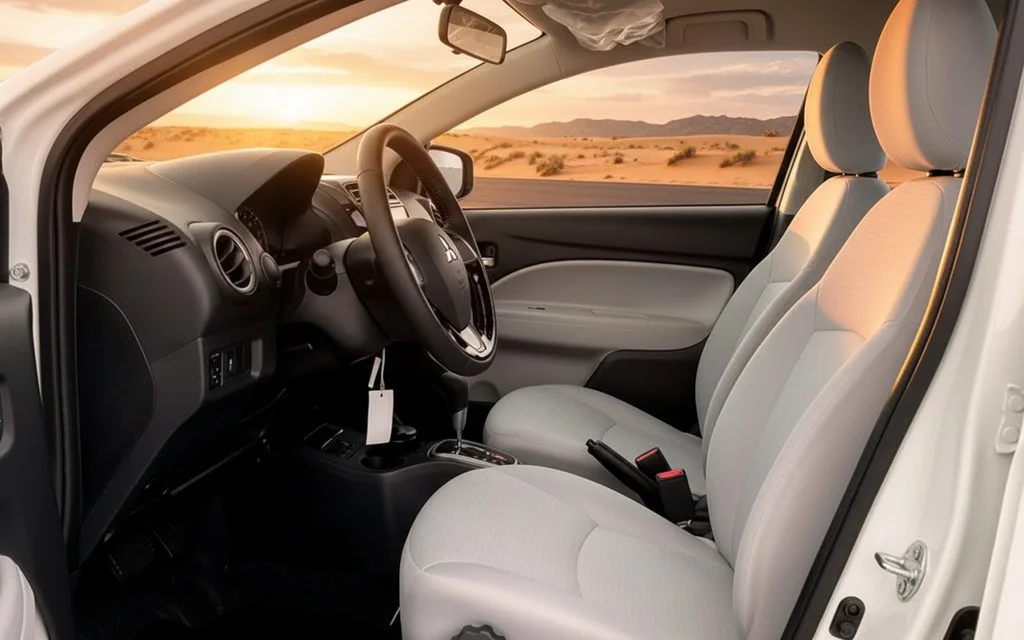 Mitsubishi Attrage 2022 leather seats and cabin – rental in Dubai