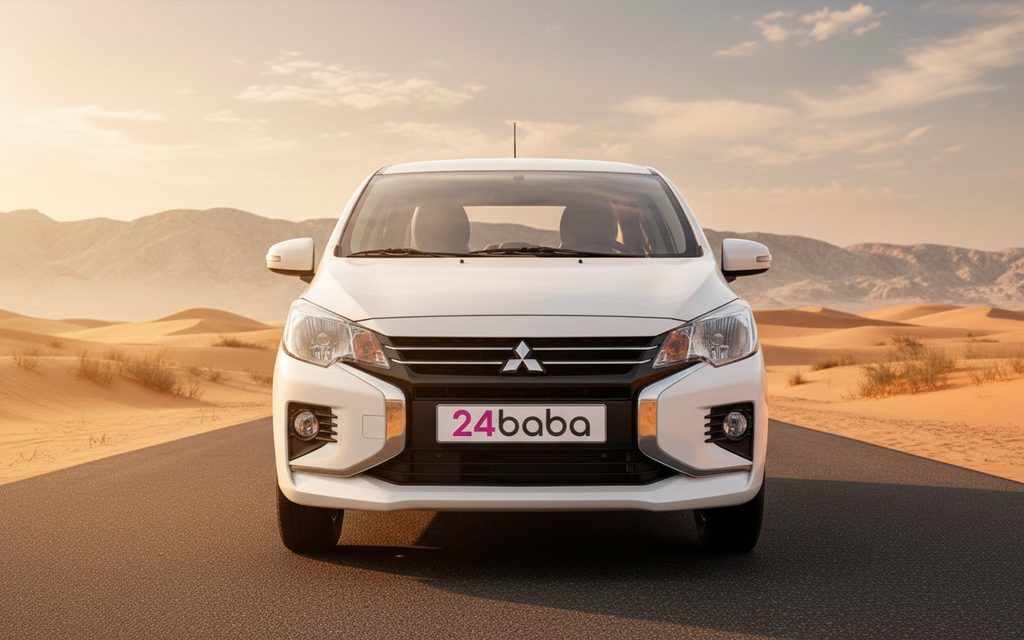 Mitsubishi Attrage 2022 White front view with headlights – rental in Dubai