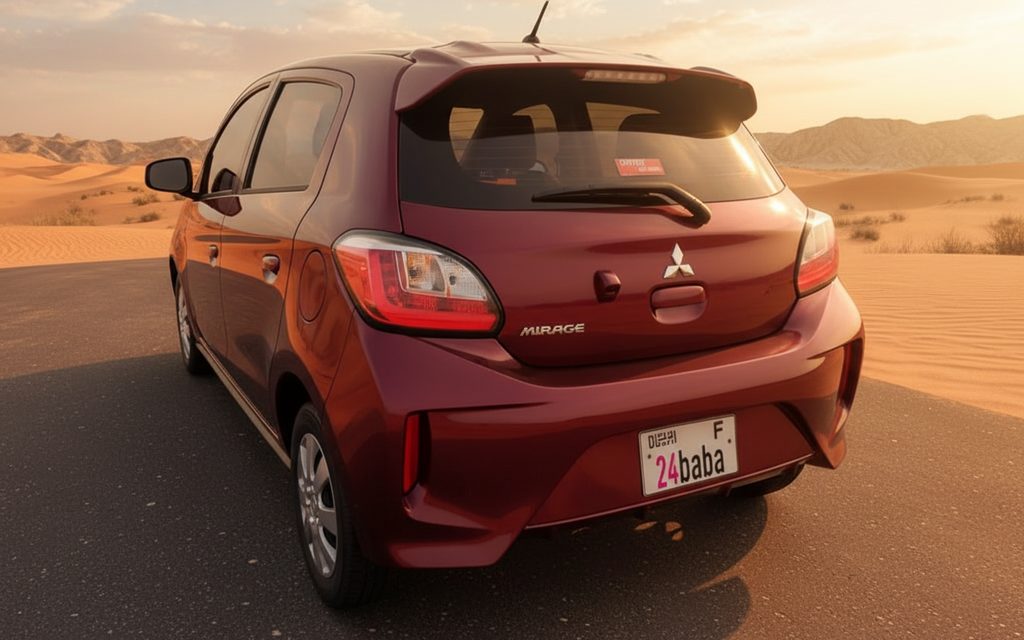 Mitsubishi Mirage 2021 Red rear view showing taillights – rental in Dubai