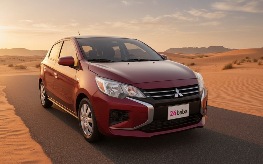 Mitsubishi Mirage 2021 Red front view with headlights – rental in Dubai