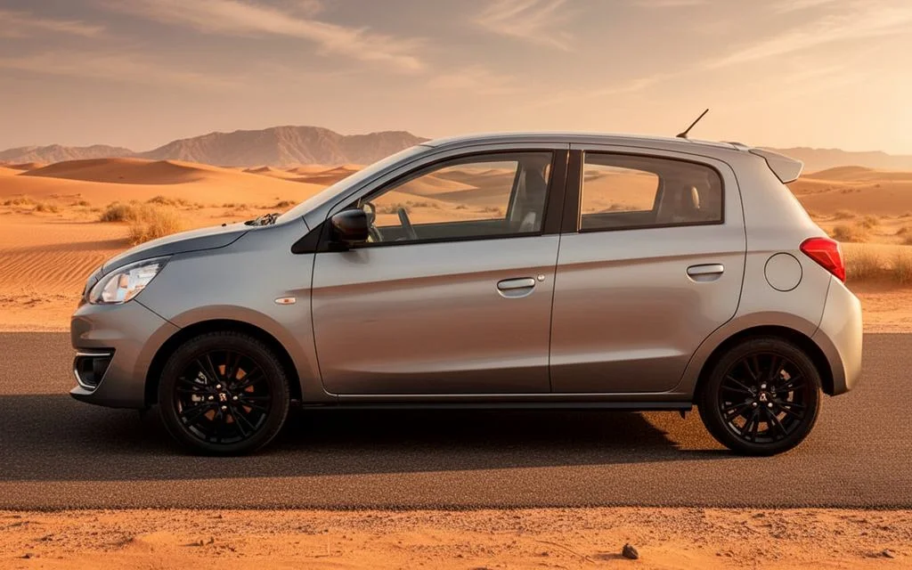 Mitsubishi Mirage 2020 Silver side profile – rental in Dubai