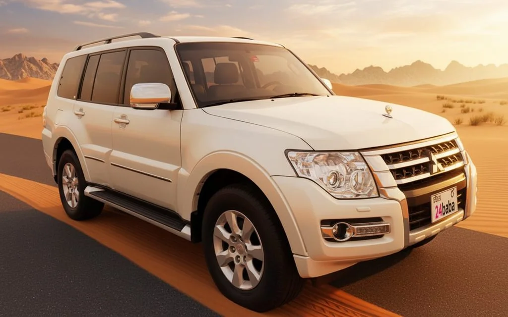Mitsubishi Pajero 2020 White front view with headlights – rental in Dubai