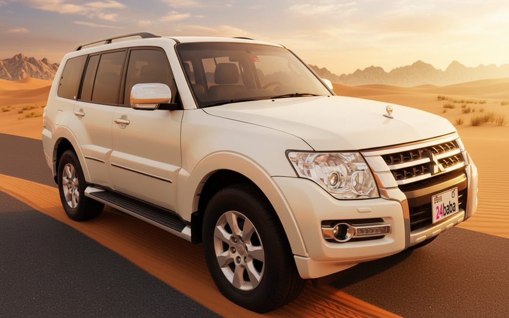 Mitsubishi Pajero 2020 White front view with headlights – rental in Dubai