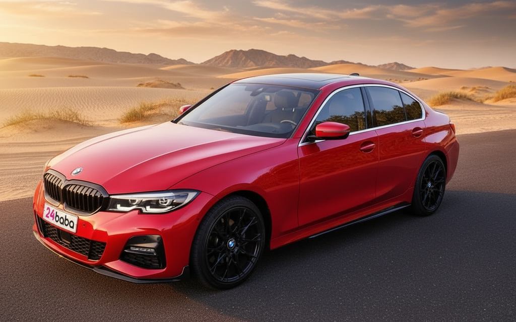 Bmw 330 2020 Red front view with headlights – rental in Dubai