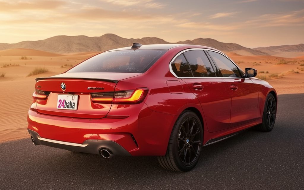 Bmw 330 2020 Red rear view showing taillights – rental in Dubai