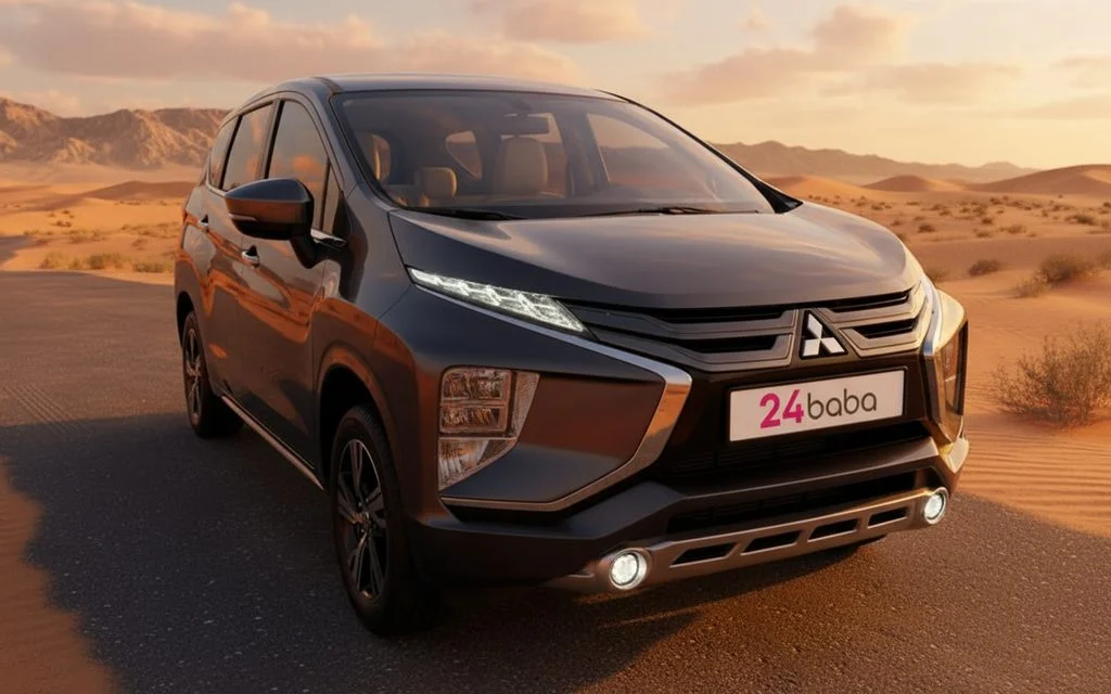Mitsubishi Xpander 2021 Grey front view with headlights – rental in Dubai