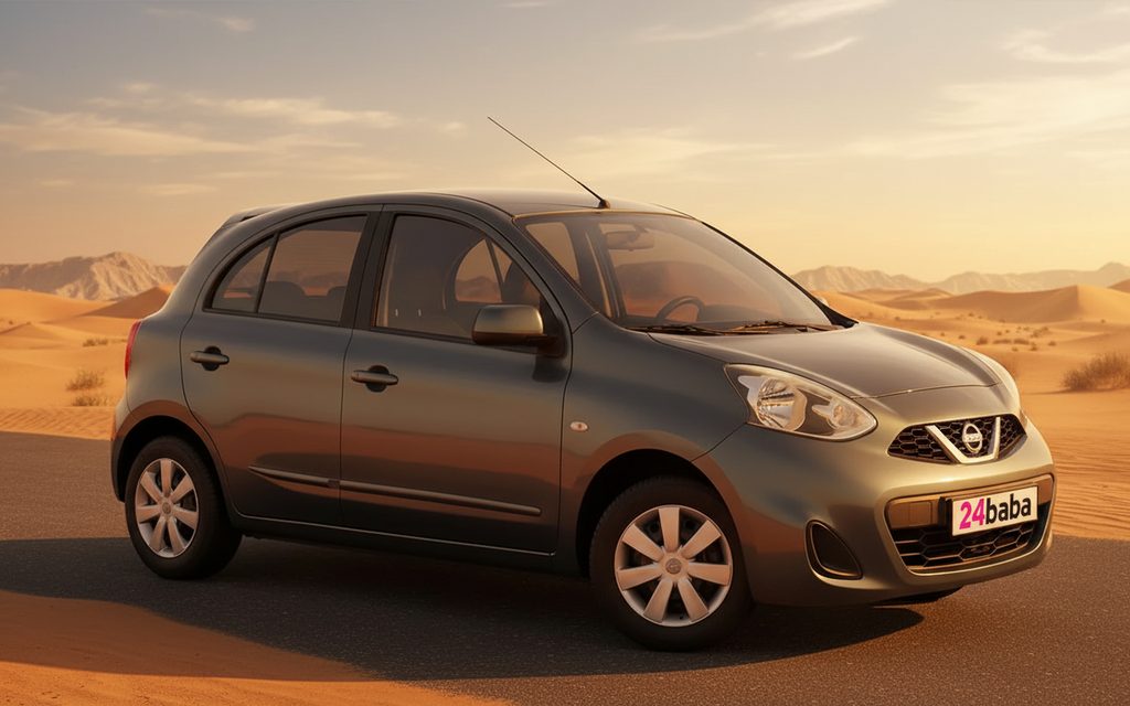 Nissan Micra 2020 Grey front view with headlights – rental in Dubai